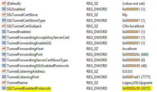 SSL Tunnel Registry Values