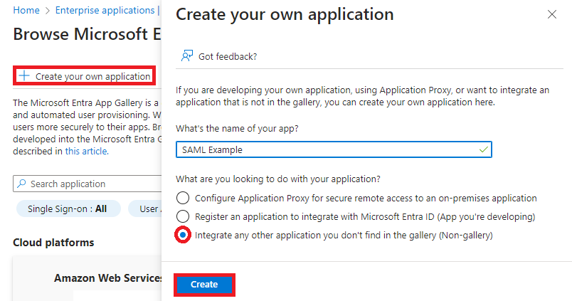 Add SAML app in the Microsoft Azure Portal