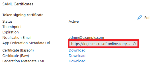 Metadata URL location in the Microsoft Azure Portal