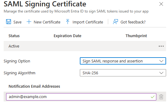 Identity Provider signing settings in the Microsoft Azure Portal