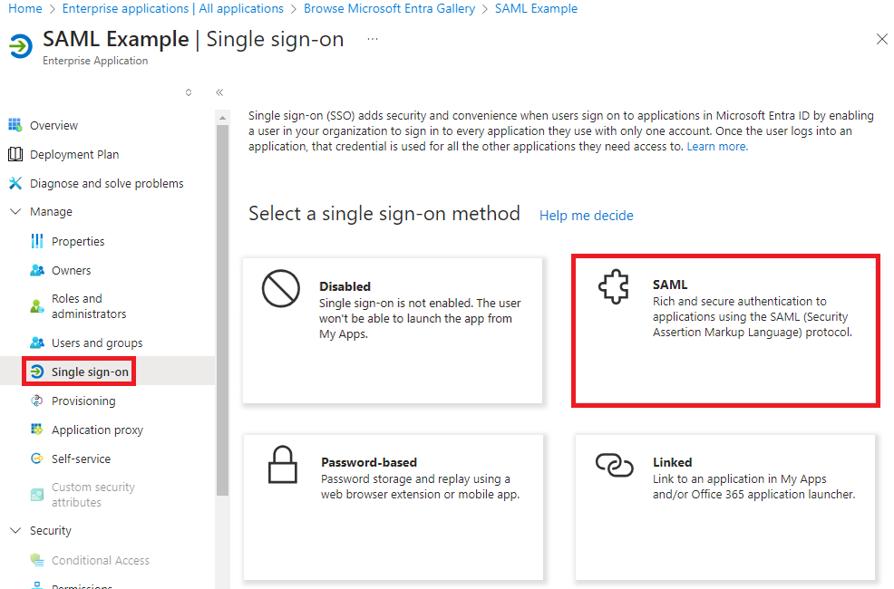 Start configuring SAML in newly created app in the Microsoft Azure Portal