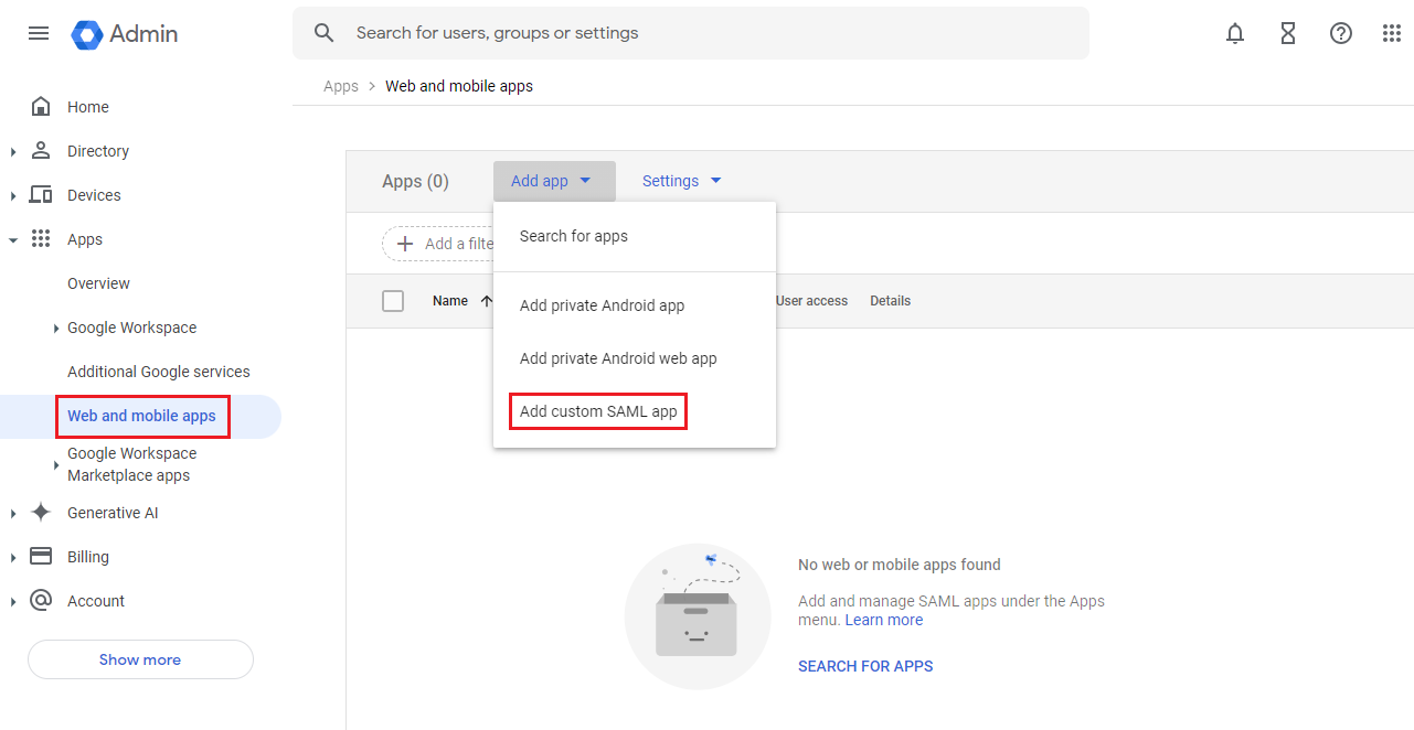 Add SAML app in the Google Admin Console