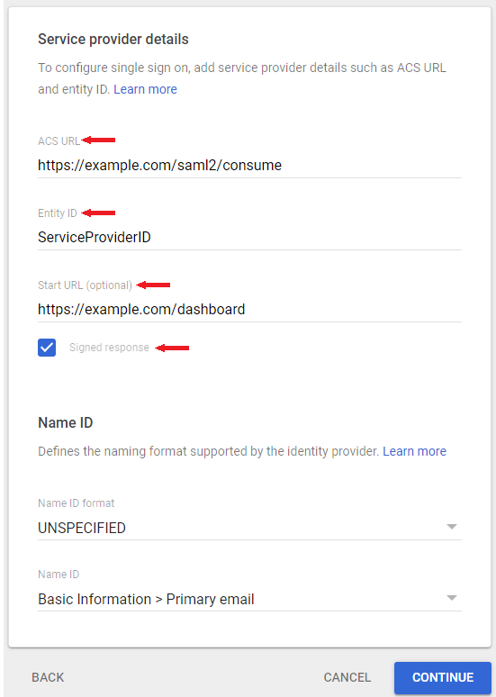 The filled out Service provider details in the Google Admin Console.